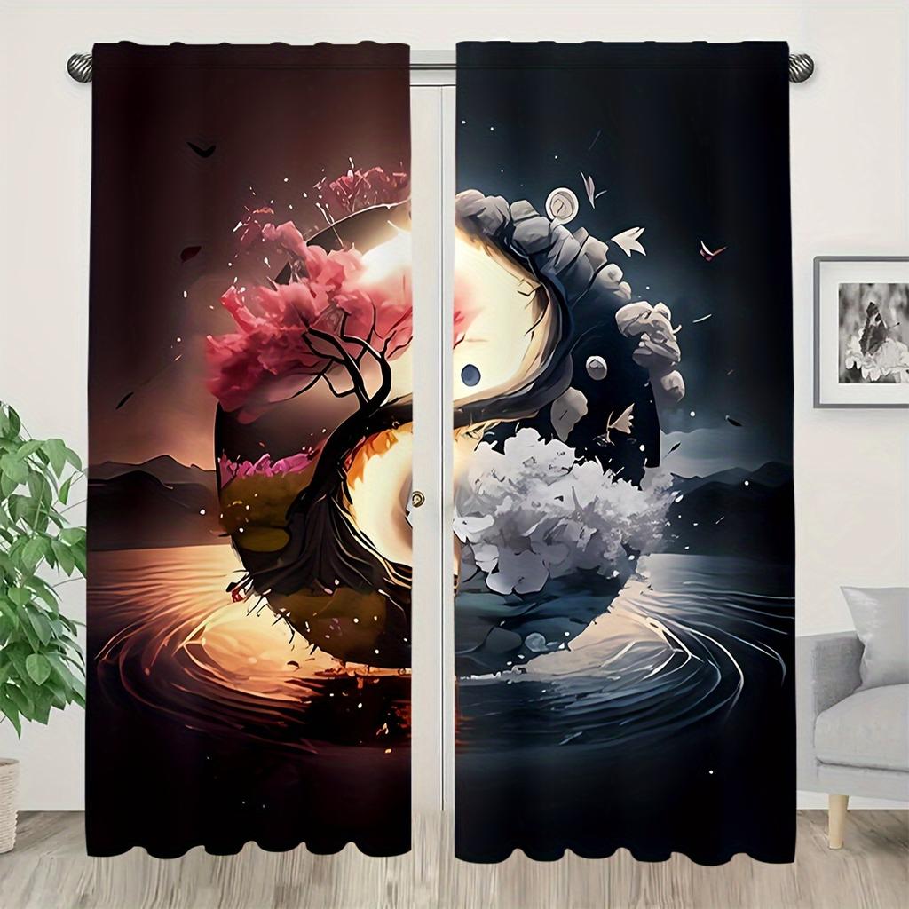 2pcs Semi-Blackout Curtain Japanese Landscape & Torii Gate Design Polyester Woven Contemporary Style Machine Washable Rod Pocket