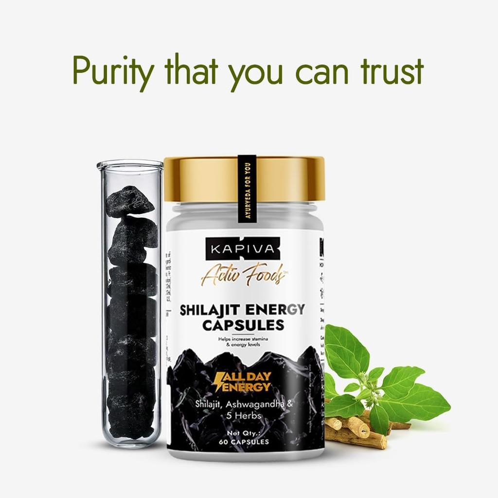 Kapiva Capsule di Energia Shilajit Per Energia Quotidiana Supporto alla Resistenza 60 Capsule Vegetariane Per Uso Attivo