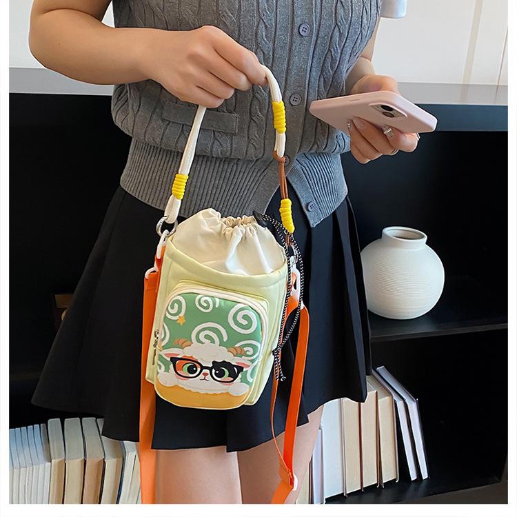 Cute Cartoon Print Water Bottle Bag Women's Commuter Satchel Soft Polyester Material Zipper Closure Vertical Shape Storage Bag