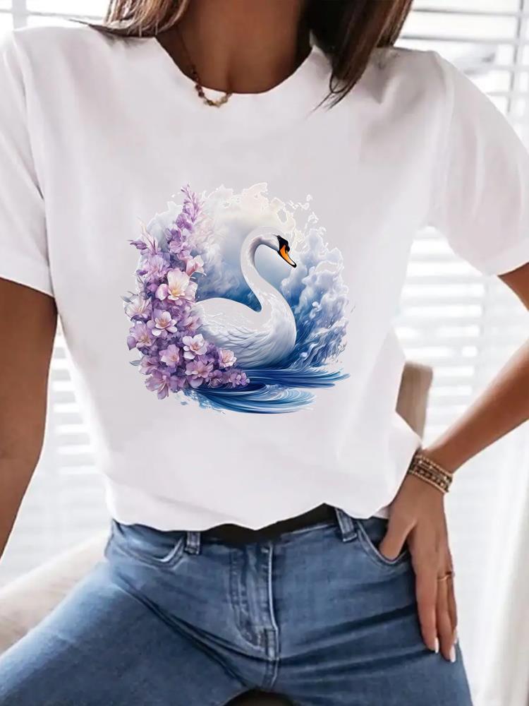 (Asian Size) Watercolor Flower Trend Women Tee Top Fashion Clothing T Shirt Woman Print Female Short Sleeve Graphic T-shirts