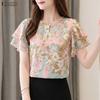 ZANZEA Women Casual Round Neck Floral Print Loose Ruffles Short Sleeve Blouse