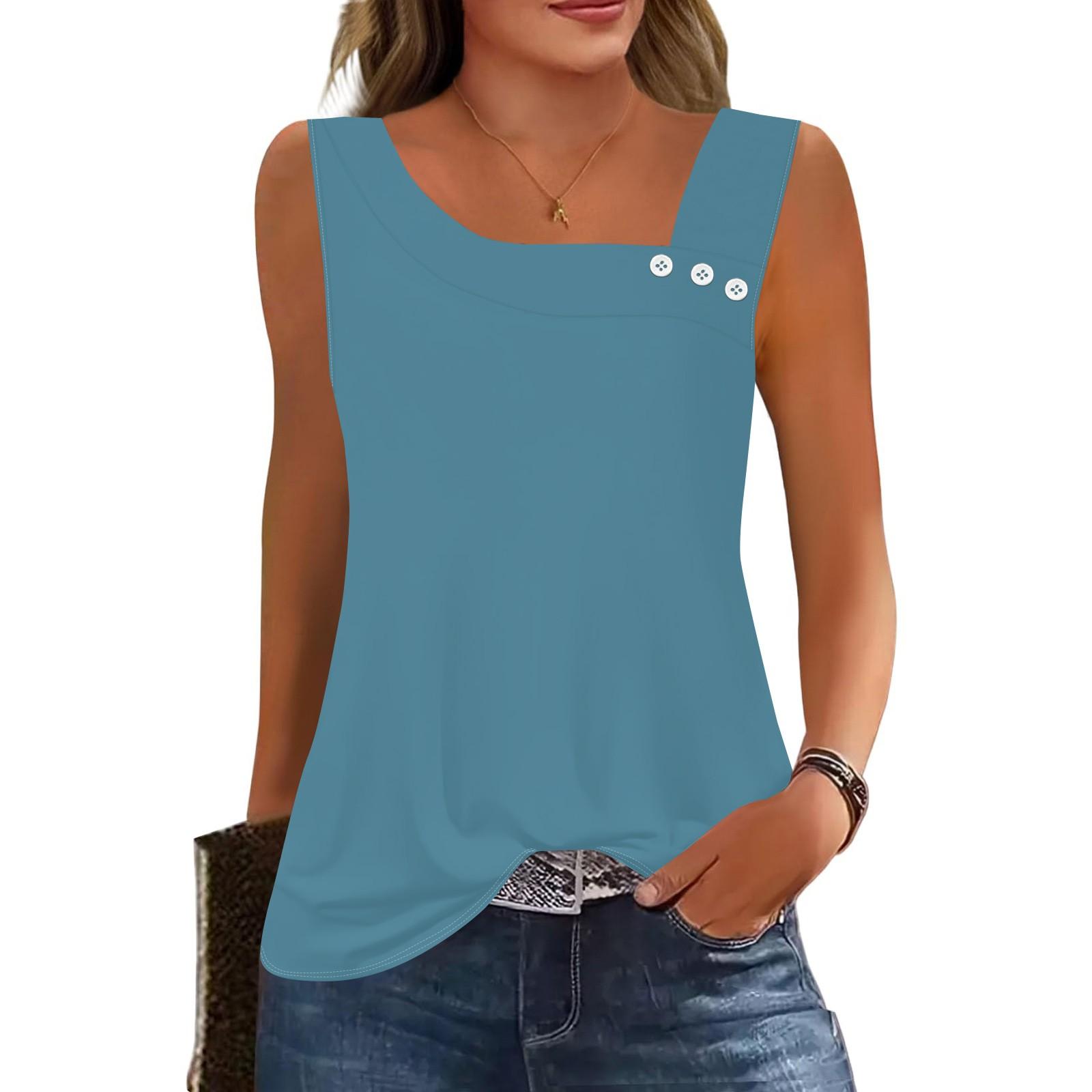 

Женские летние майки с квадратным вырезом, без рукавов, на пуговицах, повседневные, нарядные туники, базовые, для работы, футболки, блузки L синий