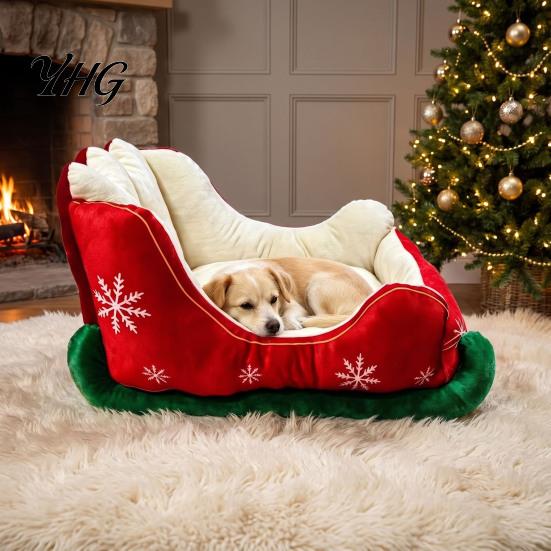Non Slip Cat Sofa Christmas Sleigh Shaped Pet Bed, Cozy Holiday Dog Anti?Slip Base Breathable Sleeping House Soft Cushion, Washable Bed for