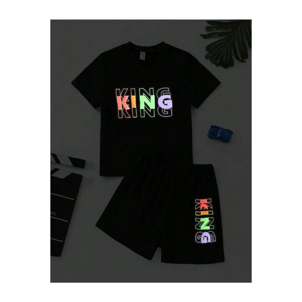 Boy's King Printed Black And White Shorts T-shirt Set