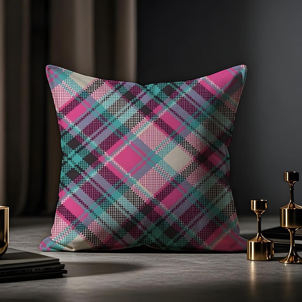 Plaid Texture Cushion Cover Anti-dustmite Pillowcase Invisible Zipper Silky Short Plush Sofa Cushion Cover