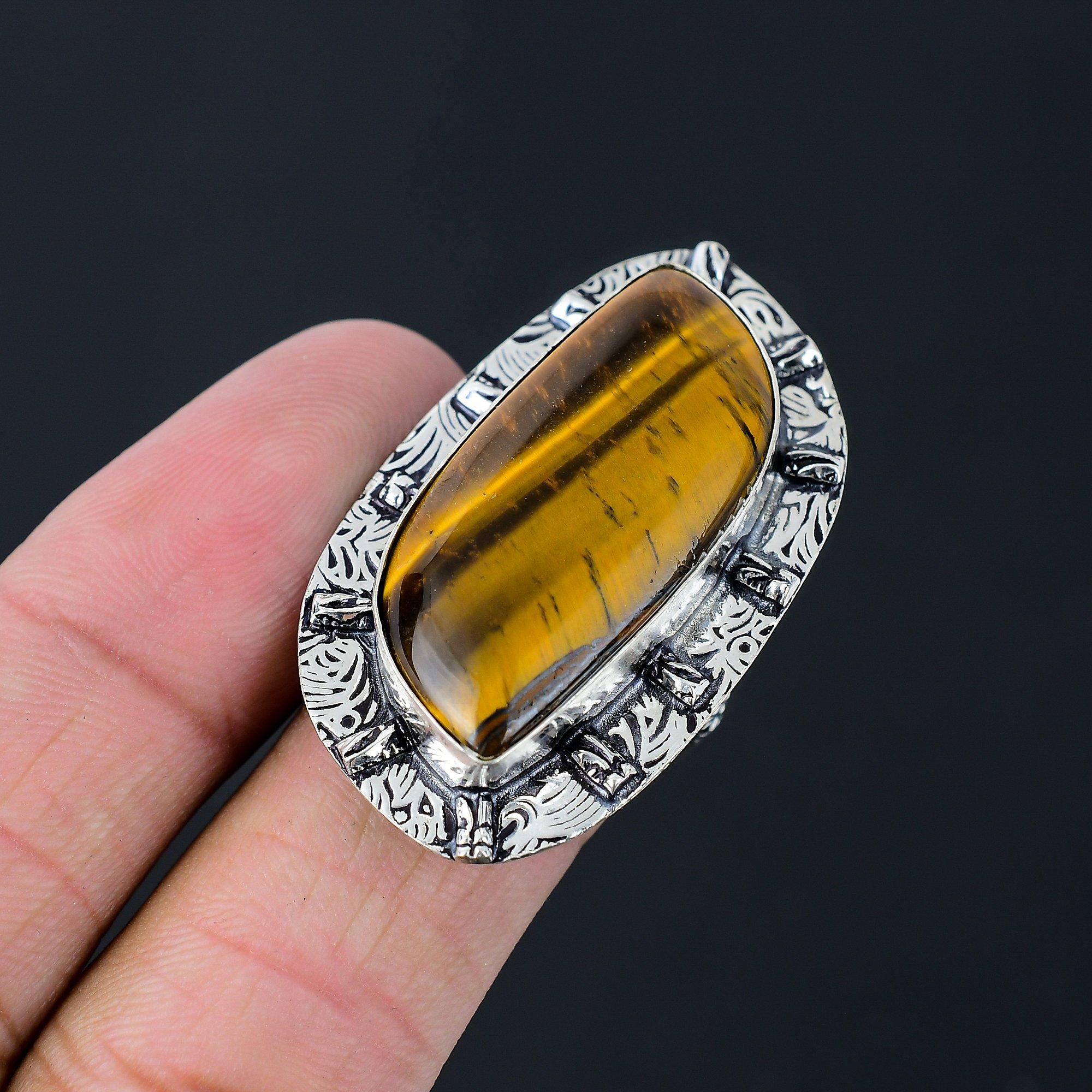 Натуральный Железный Тигровый Глаз Камень Заявление Коричневое Кольцо Размер 8.5 Серебро 925 8.5