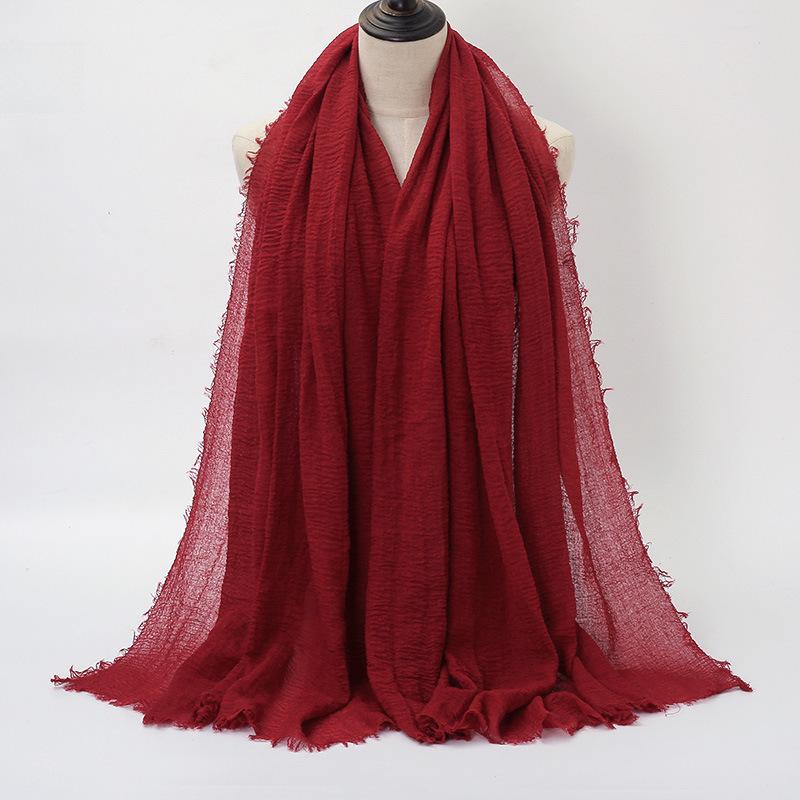 New Style Wrinkled Cotton Scarf with Fur Edge and Rayon, Large Solid Color Women's Headscarf BS414