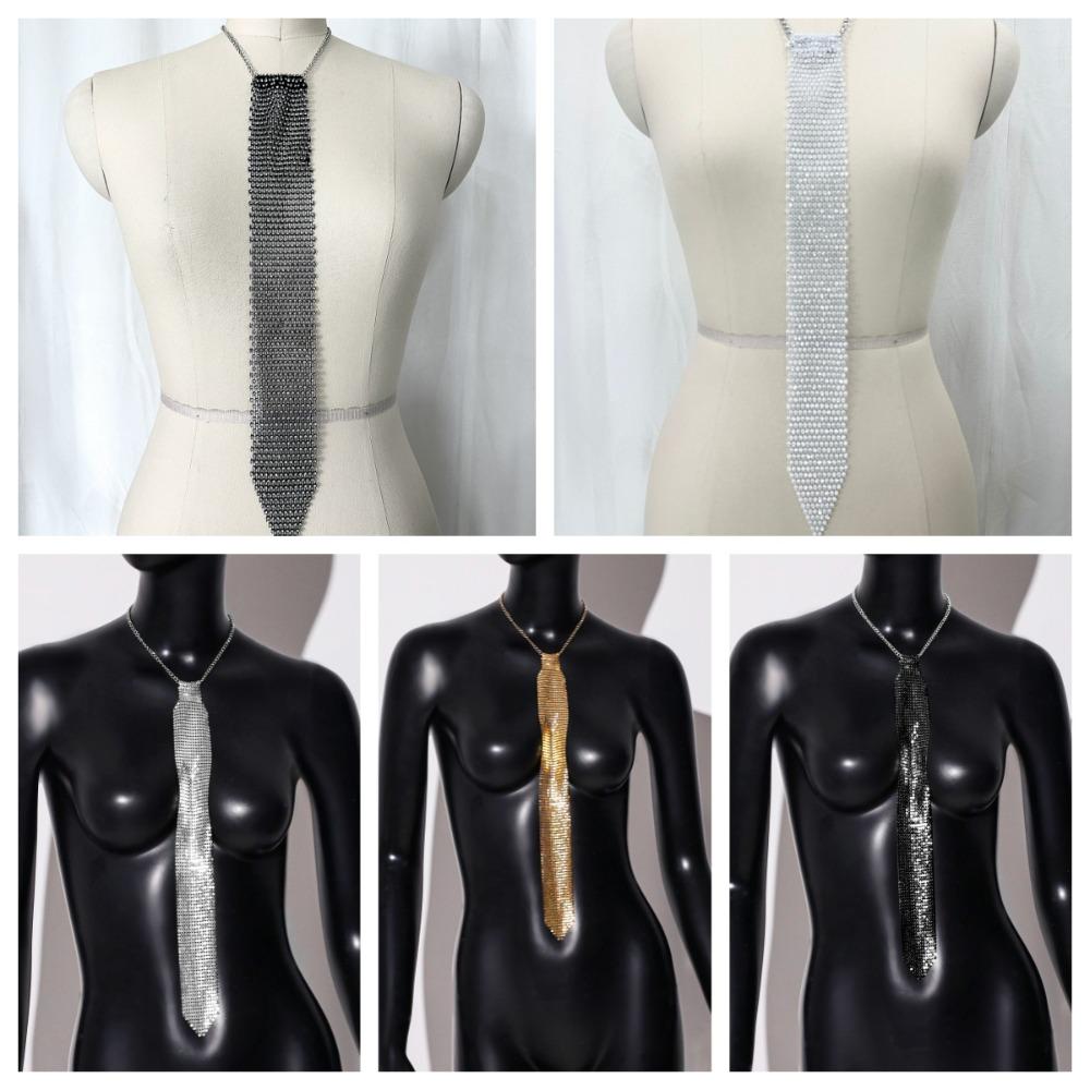 Narrow Crystal Rhinestone Neck Tie Soft Glitter Cravat Shiny Metal Sequin Necktie  Party