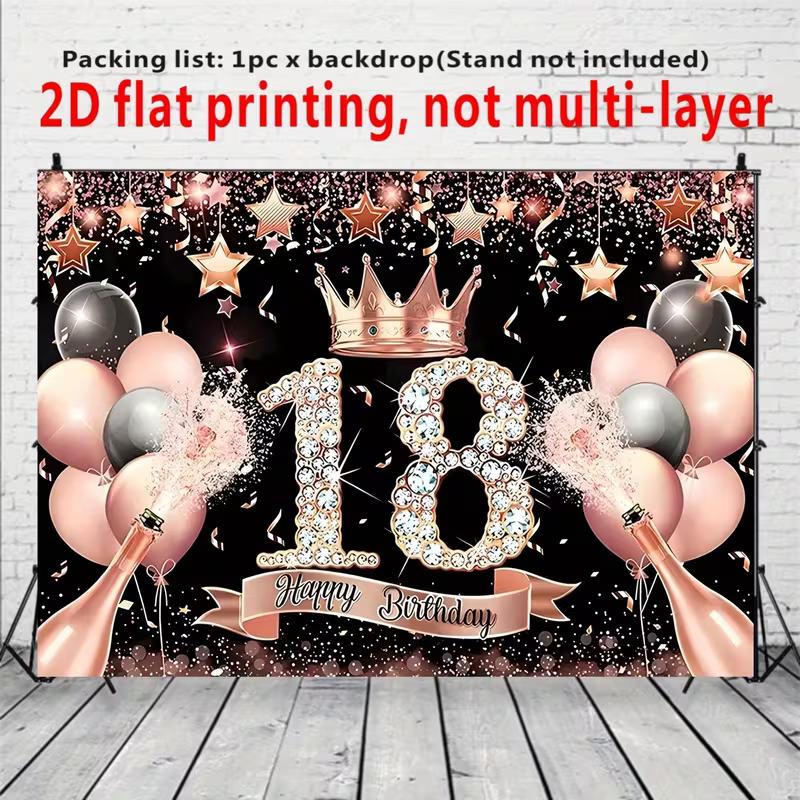 2D 18th Birthday Backdrop with Champagne, Balloons & Confetti for Teens