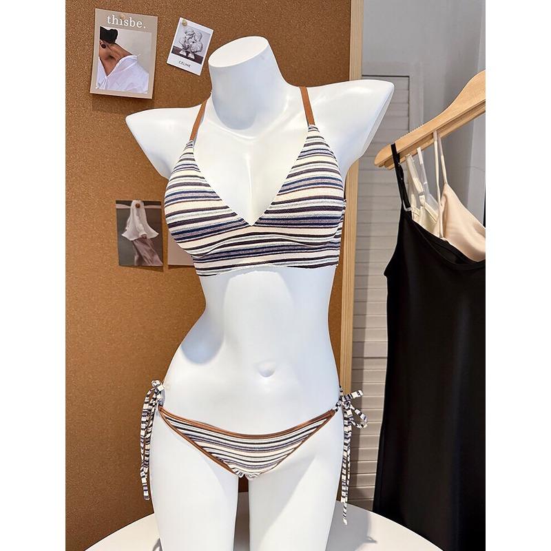 

Classic stripes contrasting colors retro hottie no breasted no steel ring bra vacation style underwear small breasts light gathering thin L (80abc recommended) джинсовий синього кольору