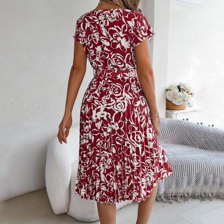 Women High Waist A Line Floral Pleated Long Dress Short Sleeve Spring Summer