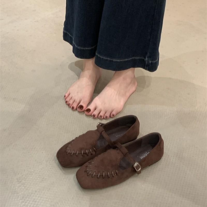 Suede Mary Jane Shoes Women's 2025 Autumn Soft-soled T-shaped with Shallow Mouth Flat-soled Single Shoes One-button Retro Small Leather Shoes