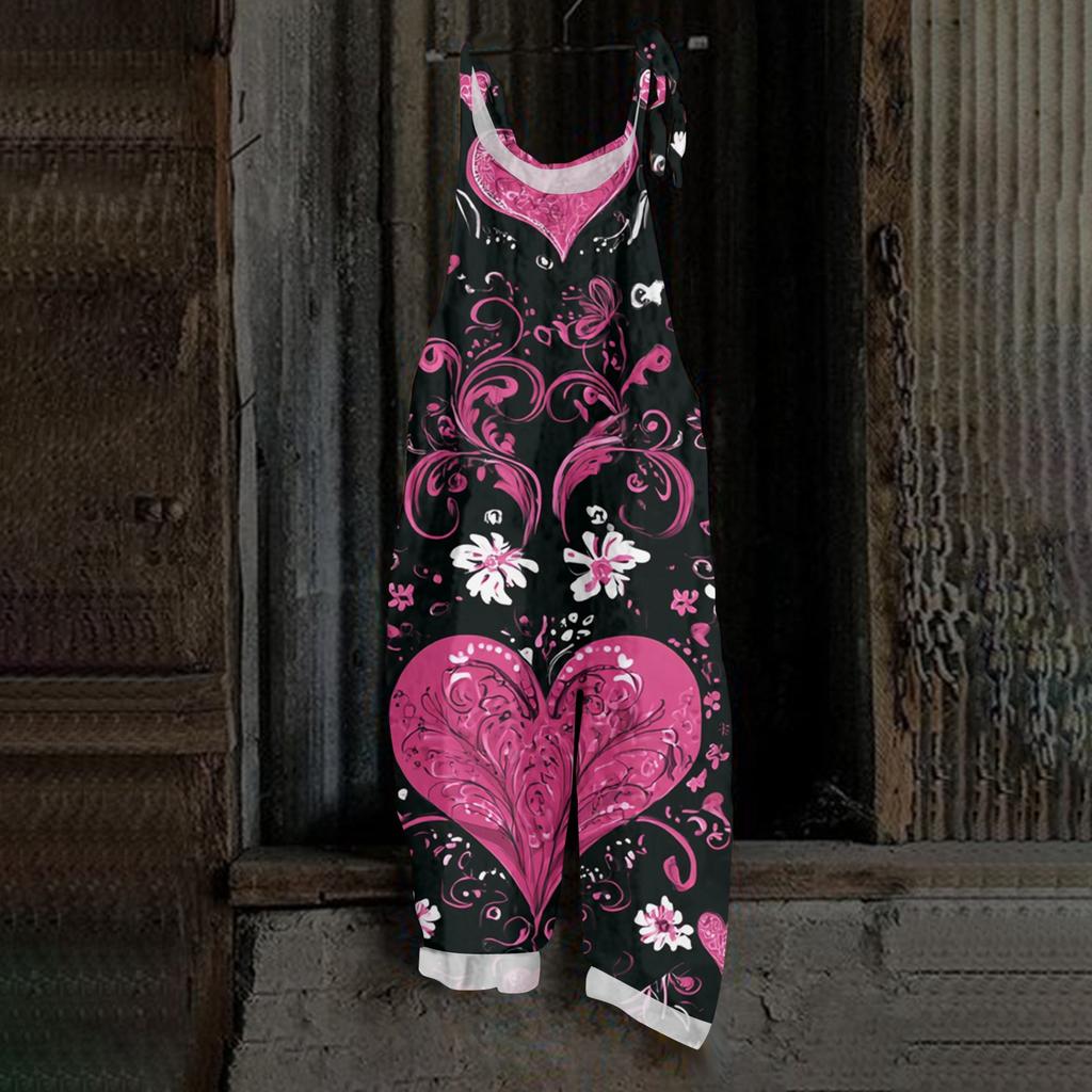 Damen Herzförmiger bedruckter lässiger lockerer Retro-Overall Baumwolle und Leinen Einteiler Hose