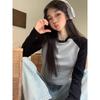 Kumikumi American Retro Contrast Color Round Neck Long Sleeves T-shirt Women's Clothing Autumn Short Easiest for Match Shoulder Slim Looking Tops