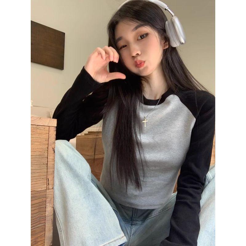Kumikumi American Retro Contrast Color Round Neck Long Sleeves T-shirt Women's Clothing Autumn Short Easiest for Match Shoulder Slim Looking Tops