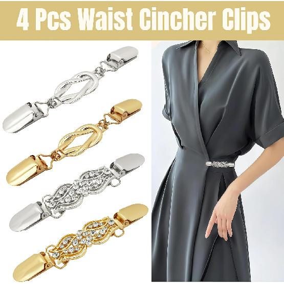 4 Pcs Waist Cincher & Shirt Clip Retro Dress Cinch Clips for Shawl, Gold Silver Waist Cincher Clip, 2 Style Dress Clips Back Cinch