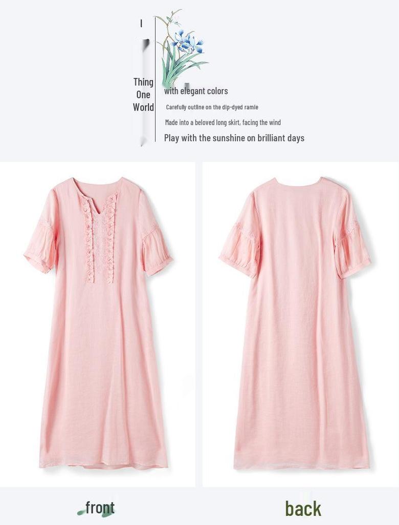 Women's Artistic Linen Dress, Summer 2026: Gentle Style, Age-Reducing, Ruffle Hem, Embroidered, Long Five-Point Sleeve.