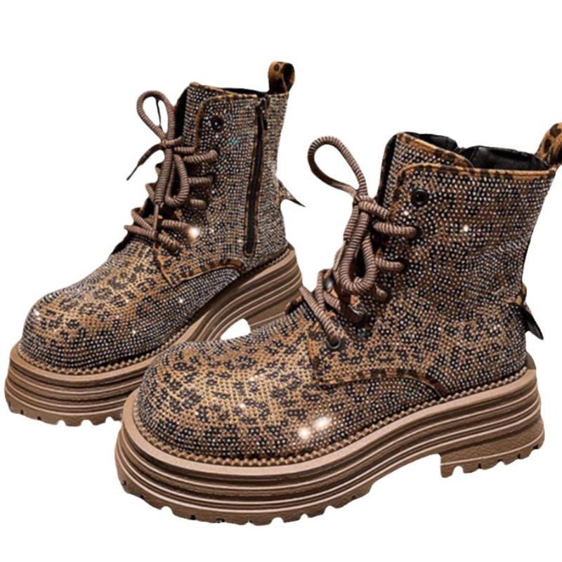 Rhinestone Martin boots for women's new leopard print full diamond luxury lace-up short boots round head thick sole muffin locomotive boots for women
