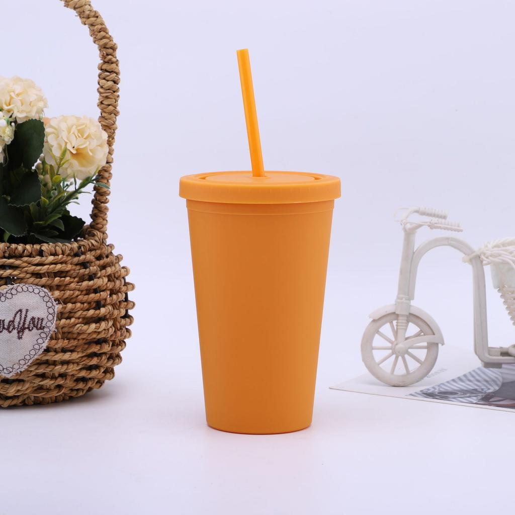 16/24 oz doppelwandiger Plastikbecher mit Strohhalm, Kaffeebecher, gefrosteter Plastikbecher, handlicher Wasserbecher, leicht zu tragen, Strohhalm, Wasserkocher, Sportflasche