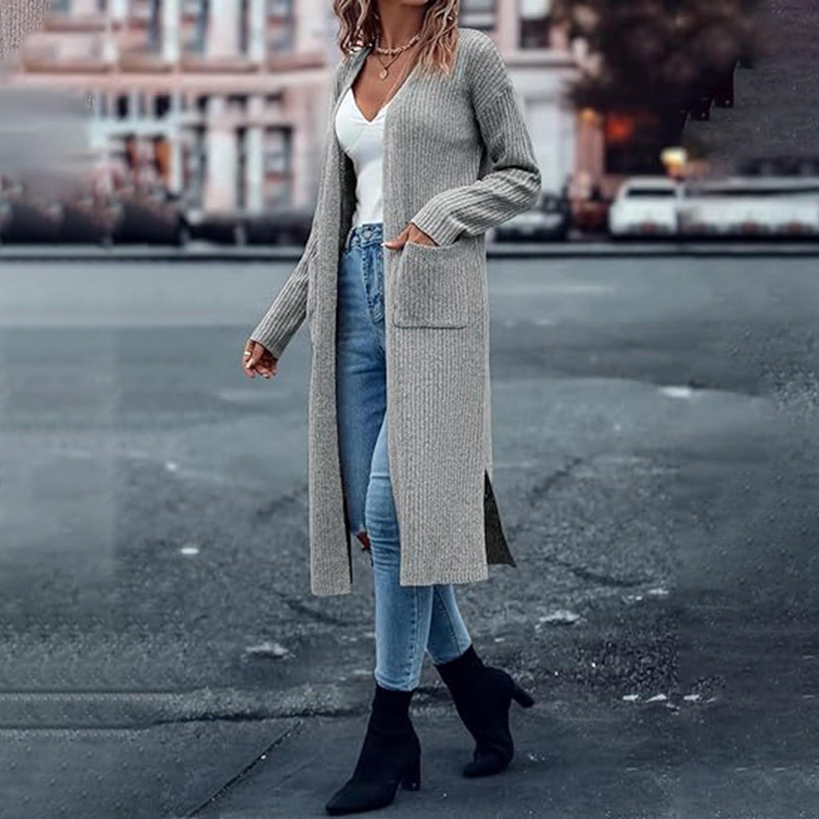 

Вязаный кардиган с карманами, длинный однотонный женский свободный свитер XXXL светло-серый