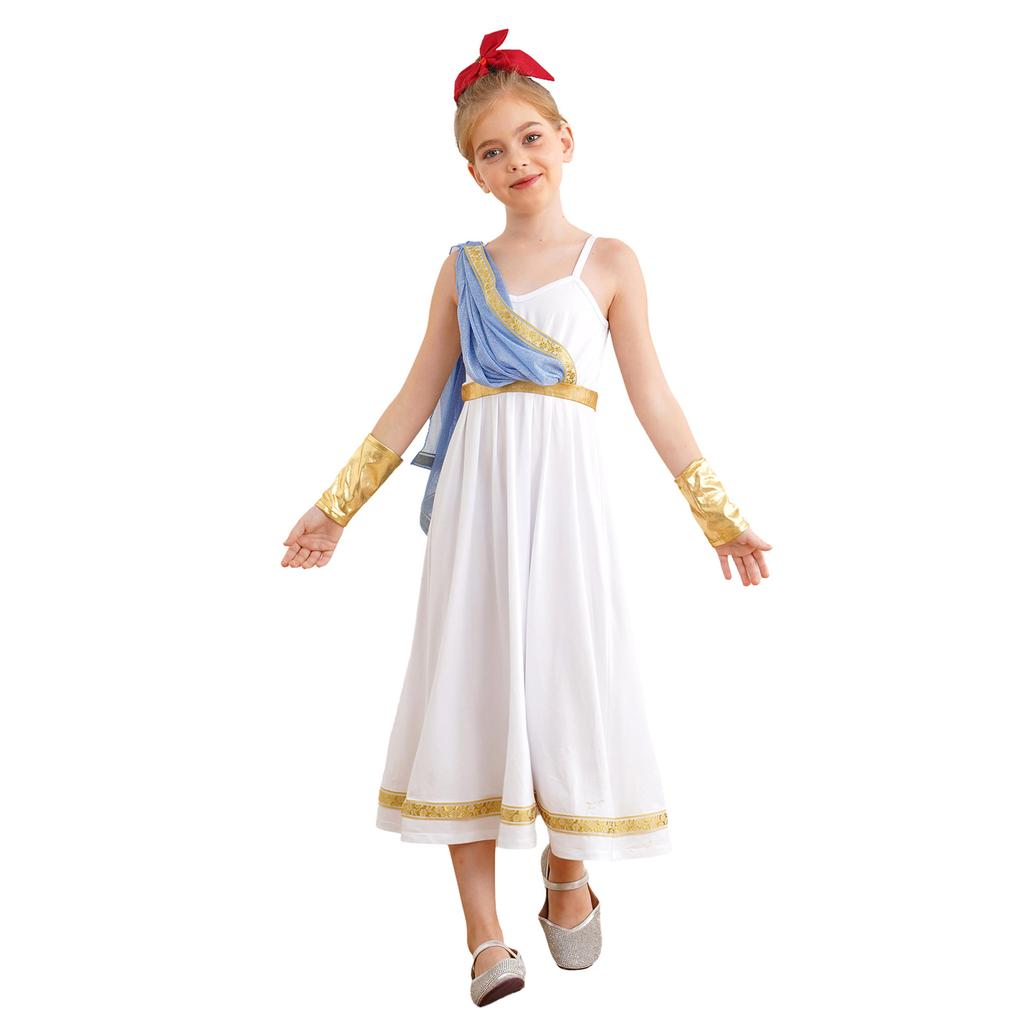 Disfraz de Princesa Griega Antigua para Niñas Vestido Camisola de Cintura Alta Capa con Bordado Dorado Manga para el Brazo Atuendo de Halloween