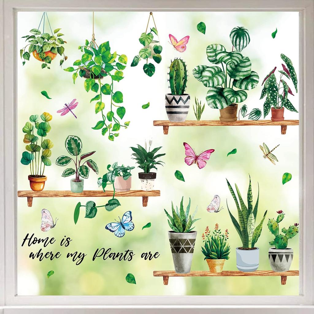 Whaline 6 Sheet Potted Plant Window Clings Hanging Vine Plant Eucalyptus Leaves Reble Window Decals for Home School Office Spring Summer Party