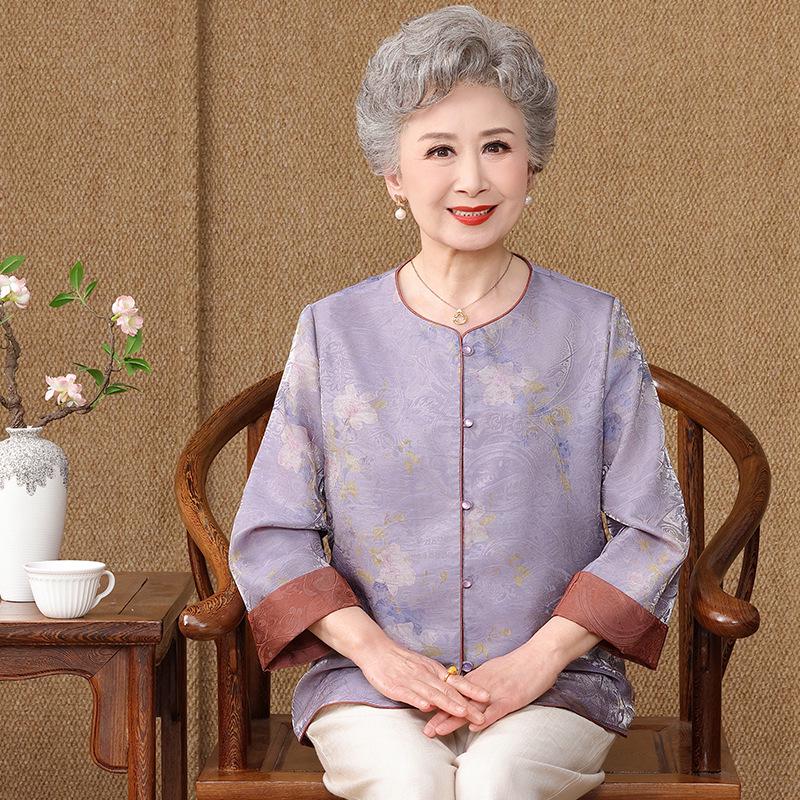 

Grandma s New Style Jacket: Elegant Chinese National Design, Suitable for Middle-Aged and Elderly Women - Round Neck, Loose Fit, Elegant Temperament. 3XL (125-135 lbs)