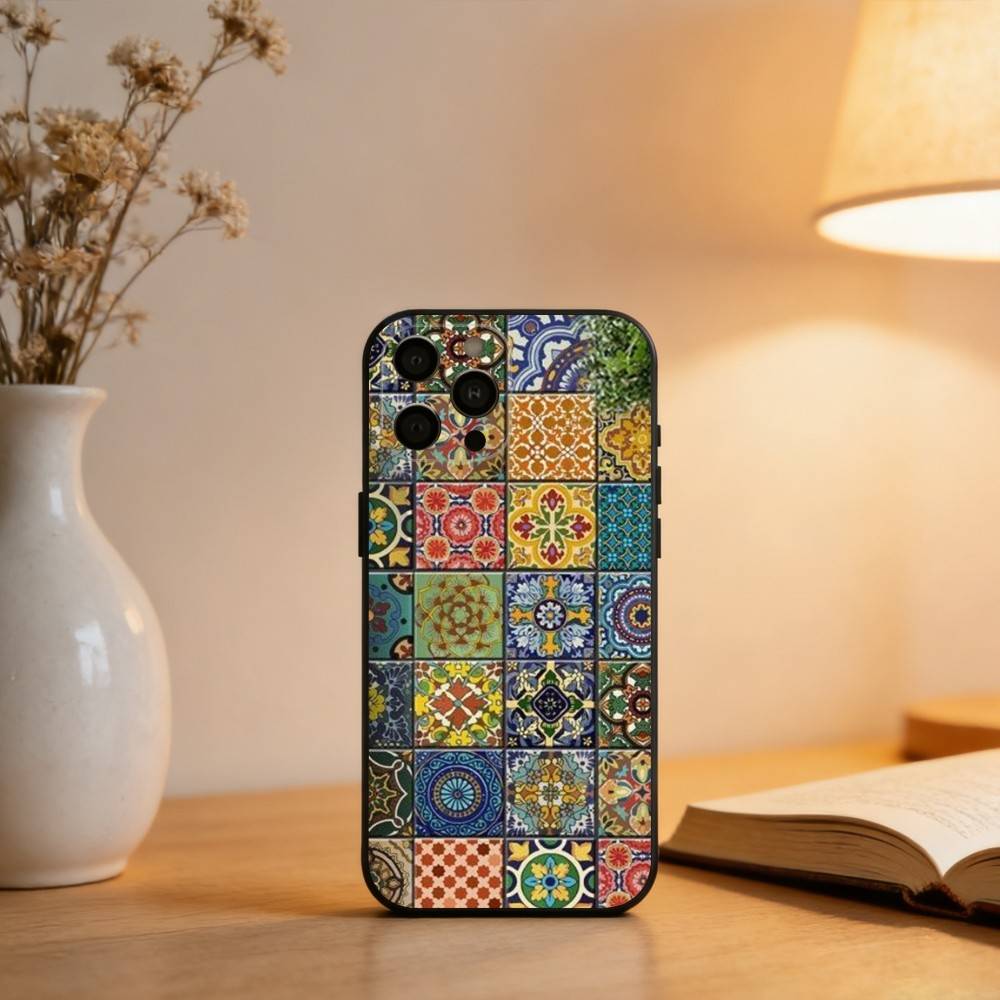 

Cool Art Tile Moroccan Phone Case For iPhone 17,16,15,14,13,12,11 Plus,Pro Max,XS,Soft Silicone Black Cover iPhone16e