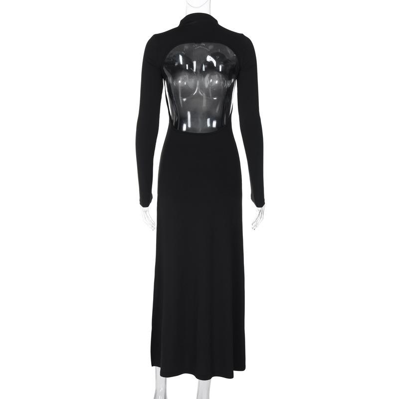 Elegant Slim Fit Long Sleeve Sexy Backless Dress Women Summer Slit Casual High Waist Black Long Dresses Women Fashion Stand Collar Party Dress 26443