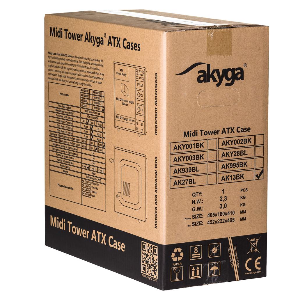 Obudowa ATX do komputera Akyga AK13BK Tower Skrzynka 2x USB 3.0 USB 2.0 czarna