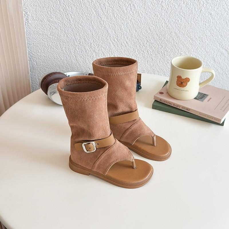 

Summer Princess Long Pipe Boots Roman Sandals for Kids Girl Design Ankle Strape Stretch-Satin Flip Flop Girls Shoes I06242 26 коричневый