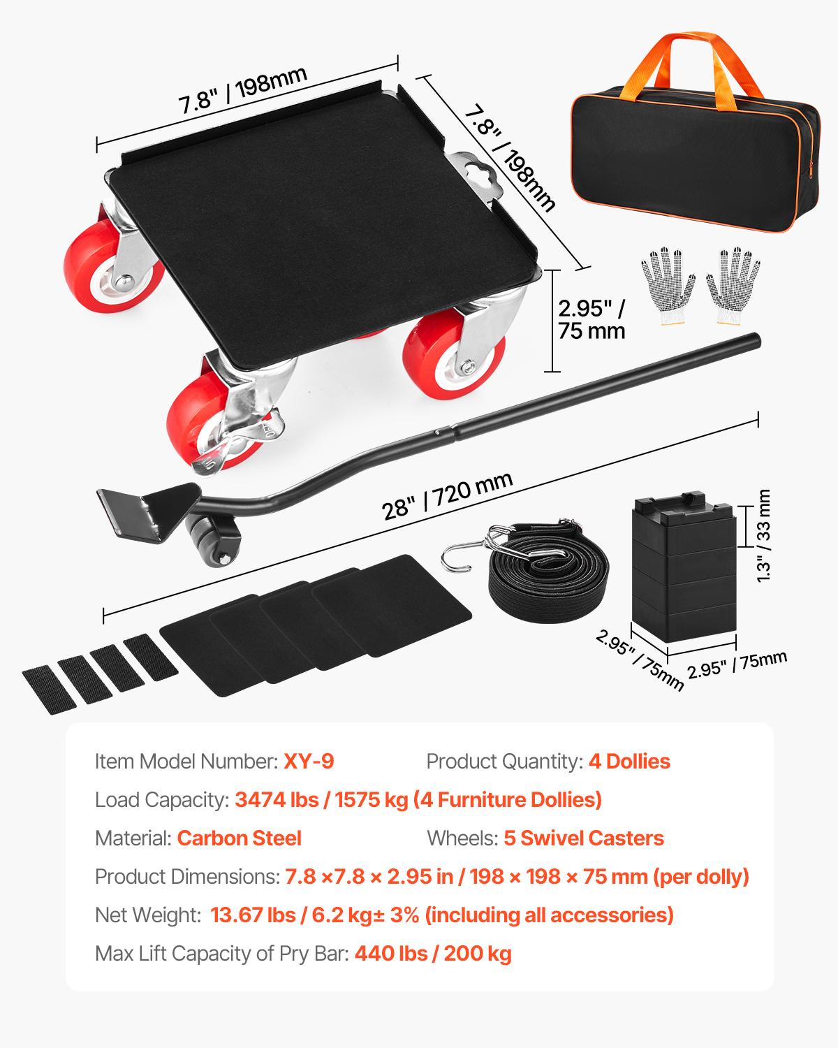 

SucceBuy 3474Lbs Home Furniture Dolly Movers with 5pcs 360° Rotation Wheels Fridge Lift Slider Set for Sofa Washing Machine