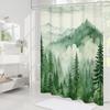 Misty Forest Mountain Shower Curtain Watercolor Pine Trees Nature Landscape Art Calming Bathroom Decor Greenery Theme Home