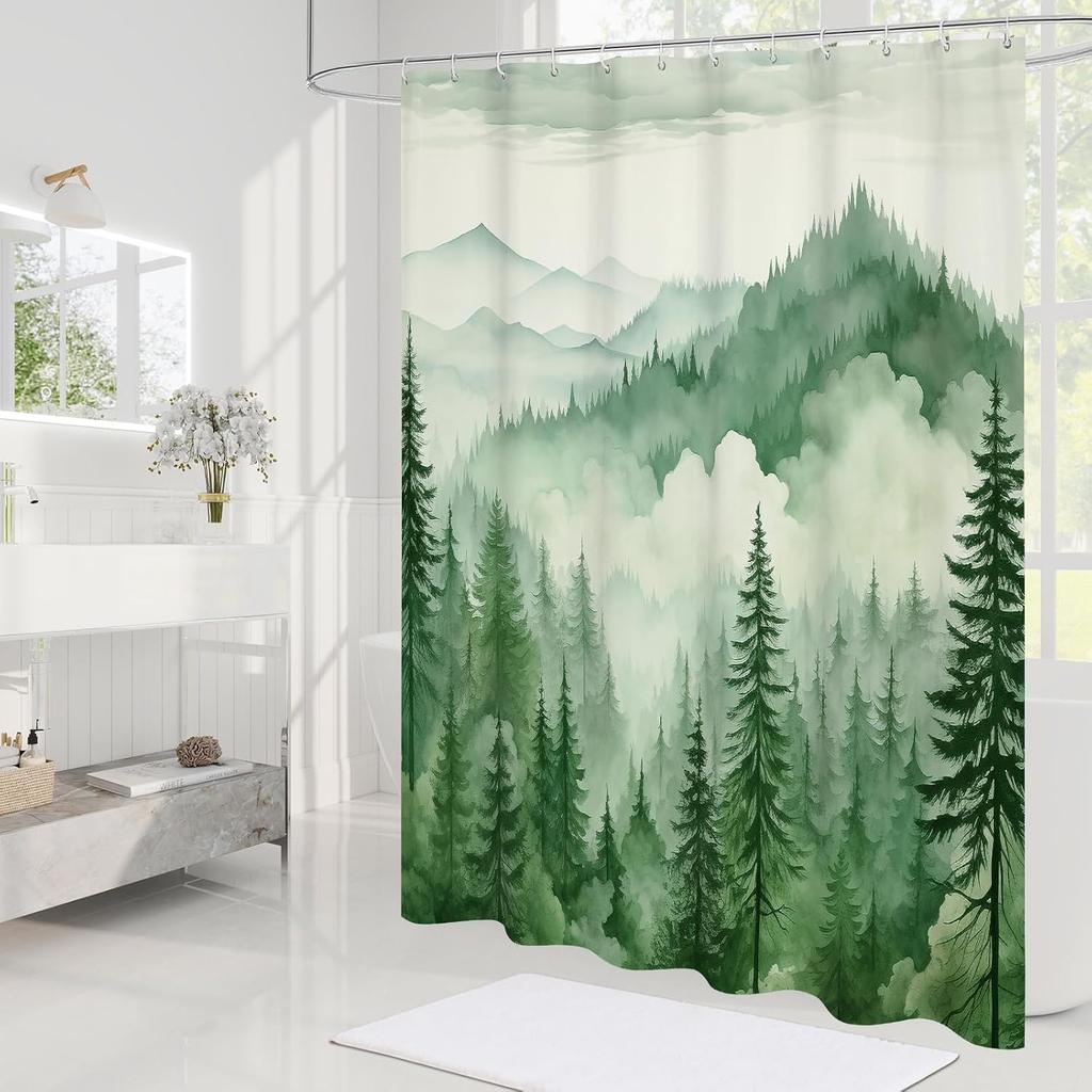 Misty Forest Mountain Shower Curtain Watercolor Pine Trees Nature Landscape Art Calming Bathroom Decor Greenery Theme Home
