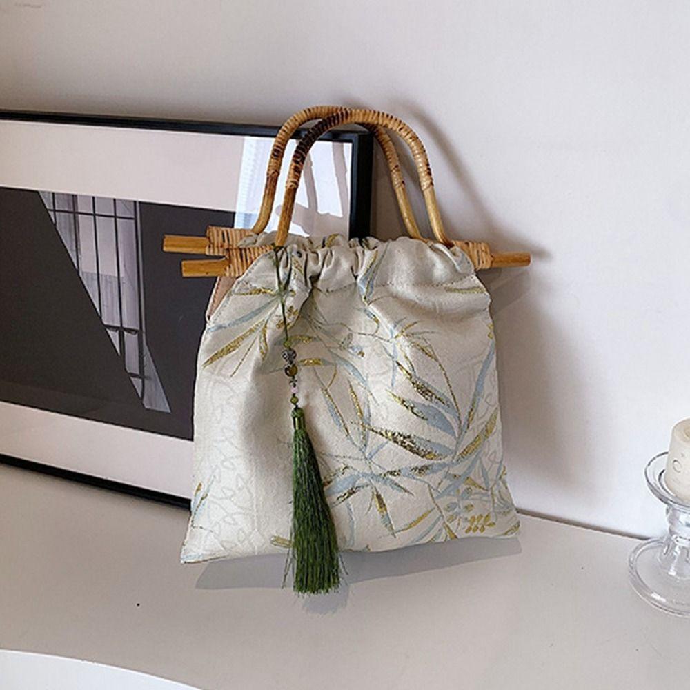 Embroidery New Chinese Style Handbag Printed Rattan Weave Bag Temperament Hanfu Bucket Bag Gift