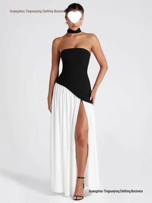 Chique Strapless Effen Kleur Maxi Jurk – Sexy Backless Design met Hoge Split