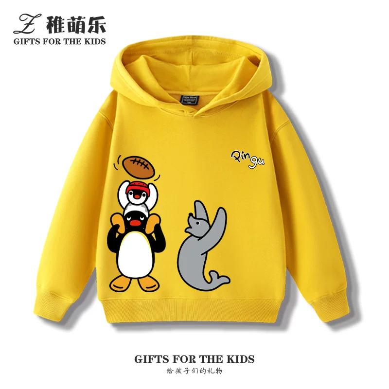 Kids' Fleece-Lined Hooded Sweatshirt with Fun Cartoon Penguin Print – Warm Pullover for Boys and Girls (Autumn/Winter)