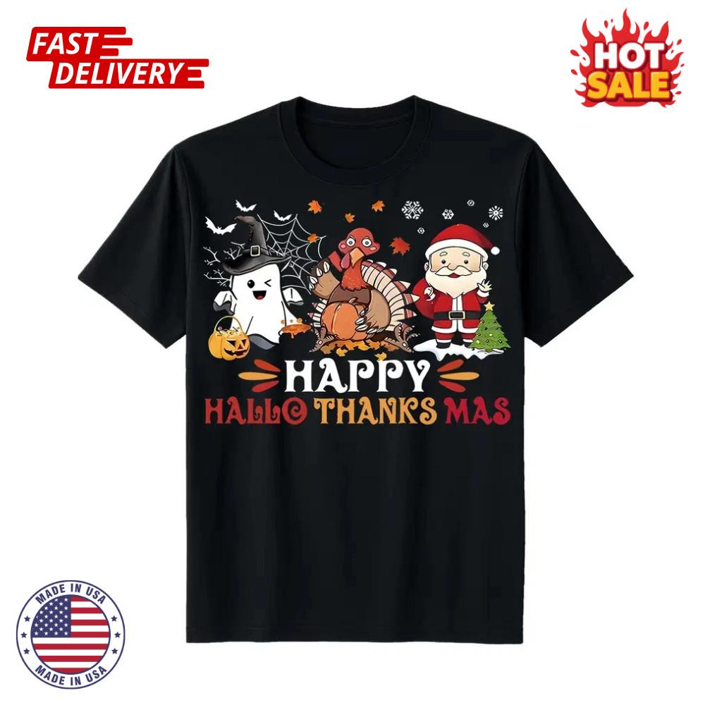 SALE Men s Women s Halloween Christmas T-Shirt Happy HALLO THANKSMAS Text L