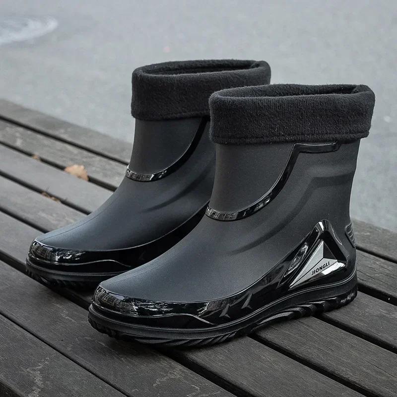 High Quality Rain Boots for Men, Drawstring Waterproof Shoes, Mid-length Anti-slip Rain Boots, Plus Fleece Rubber Boots for Work