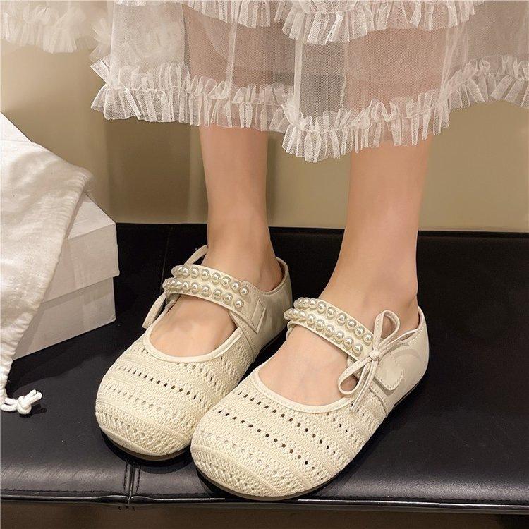 Baotou Slippers Wear Women's Heightening Pearl Birkencool Slippers with One Pedal, Breathable Mesh Flying Weaving 2025 Summer New Models