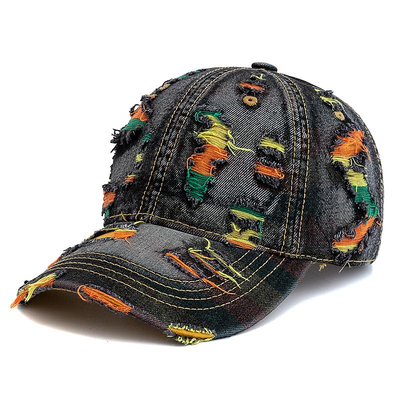 New Style Women Cap Tear Style Hole Vintage Colorful Lines Baseball Caps Female Casual Outdoor Streetwear Denim Hat