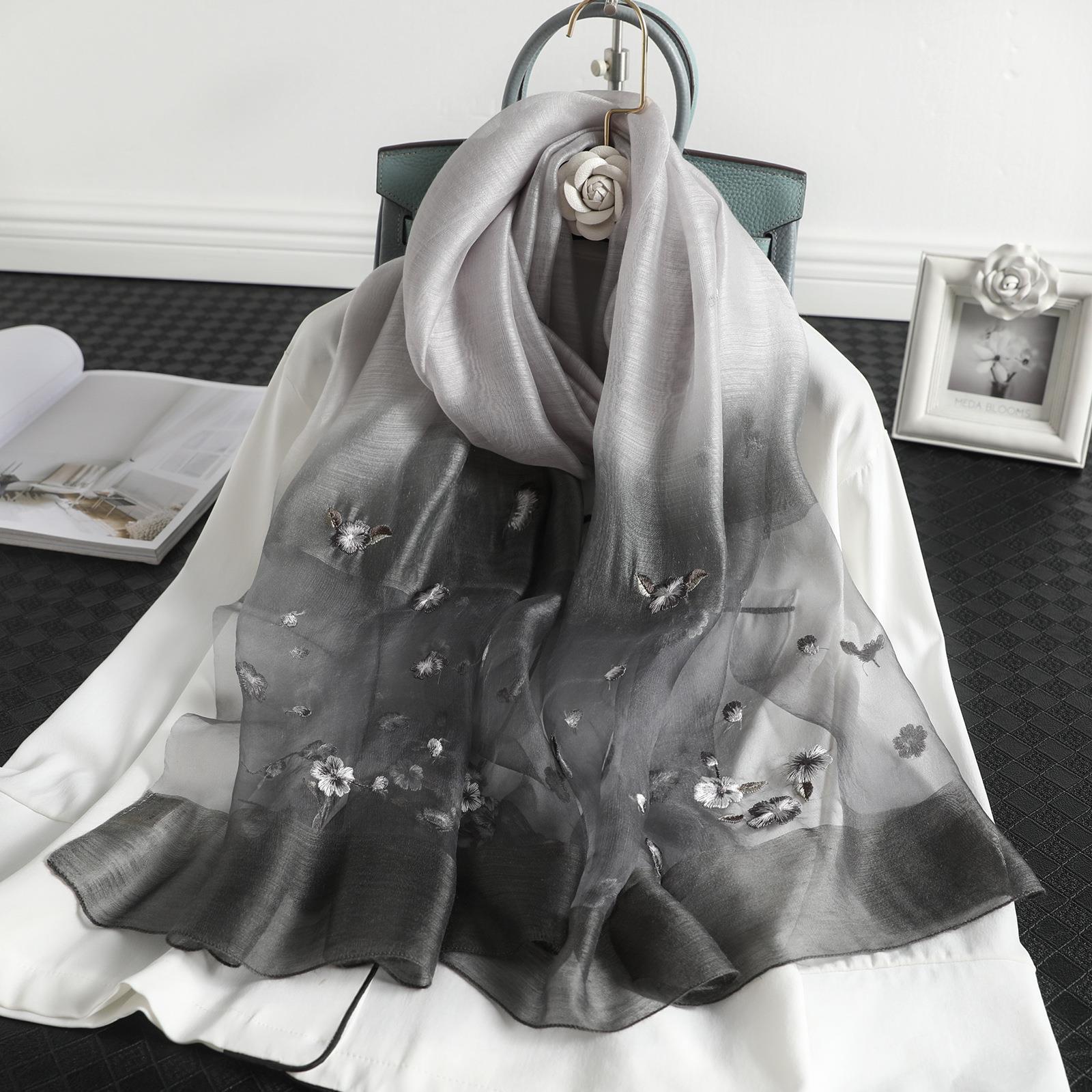 

Женский шелковый и шерстяной градиентный вышитый шарф - модная солнцезащитная шаль 70x190 cm