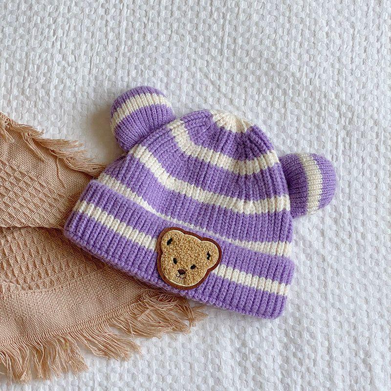 New Autumn/Winter Korean Edition Children's Knitted Hat for Boys and Girls Baby Striped Little Bear Wool Hat with Curled Cucumber Skin Warm Hat