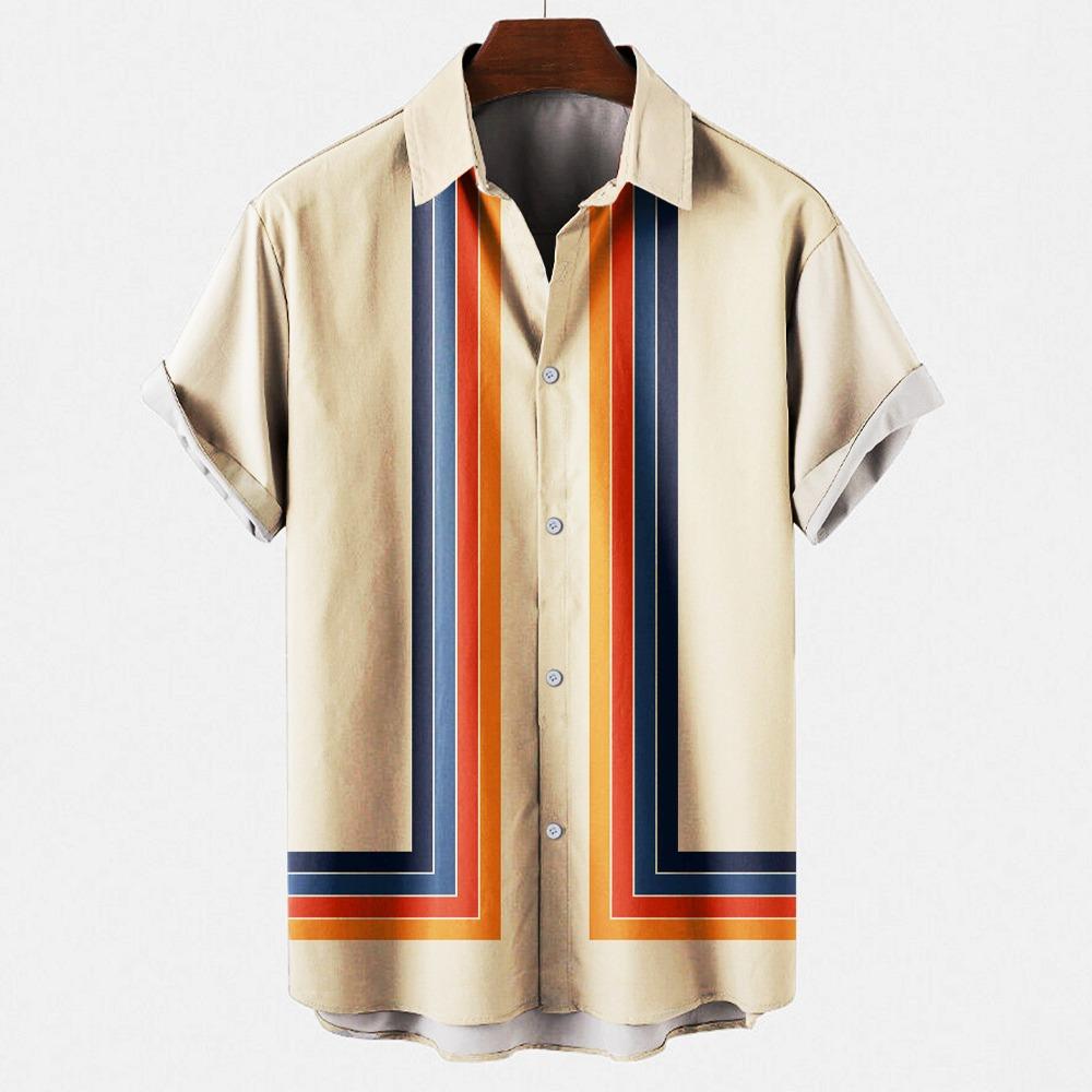 Men's Hawaiian Beach Short Sleeved Striped Shirt 3D Printed Loose Street Fun Men's Top Fashion Casual Simple Pocketless Shirt