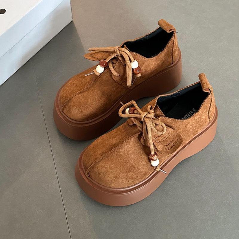 Fashion Women Fashion Versatile Thick-soled Heightening Leisure Shoes Women's Retro Big-head Loafers Shallow-mouth Bag-head Single Shoes