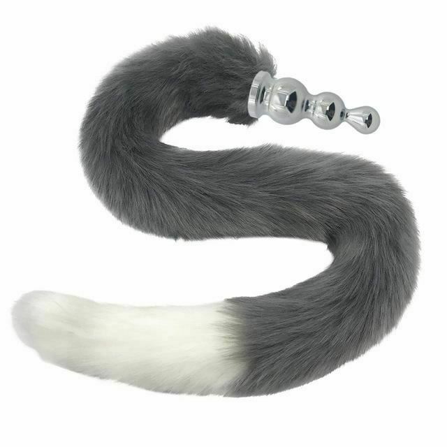 80Cm Long Grey White Fox Tail Cosplay Anal Butt Plug  Pet Play Butt Plug Tails