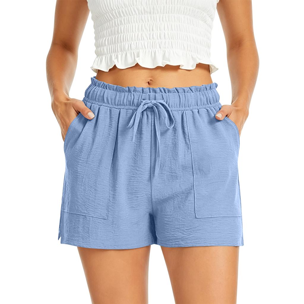 Pantaloncini Casual da Donna a Vita Alta con Tasche Estate Vestibilità Larga Vita Elastica Coulisse Gamba Larga