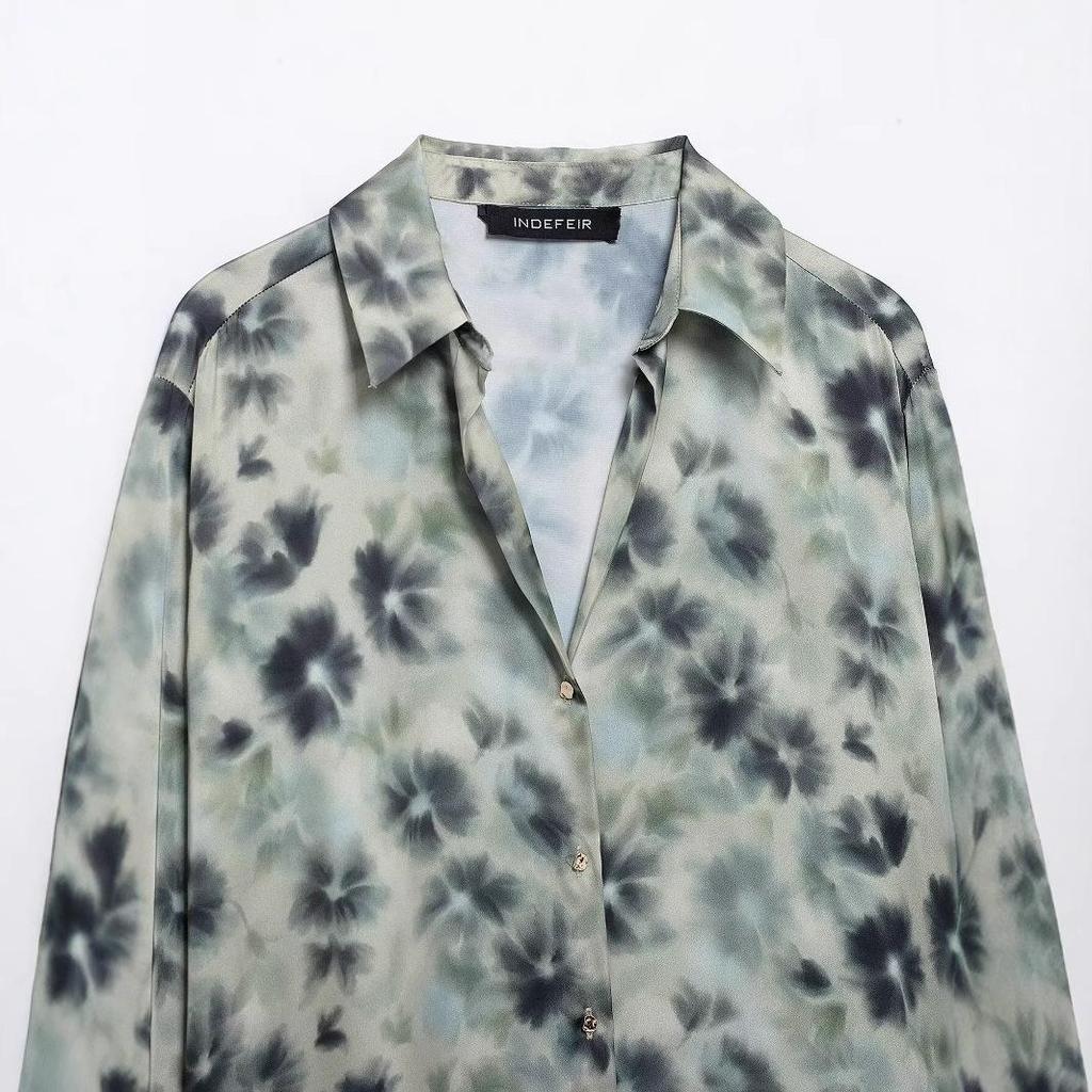 2025 Spring Women's European & American Style Print Silk Satin Long Sleeve Lapel Casual Shirt