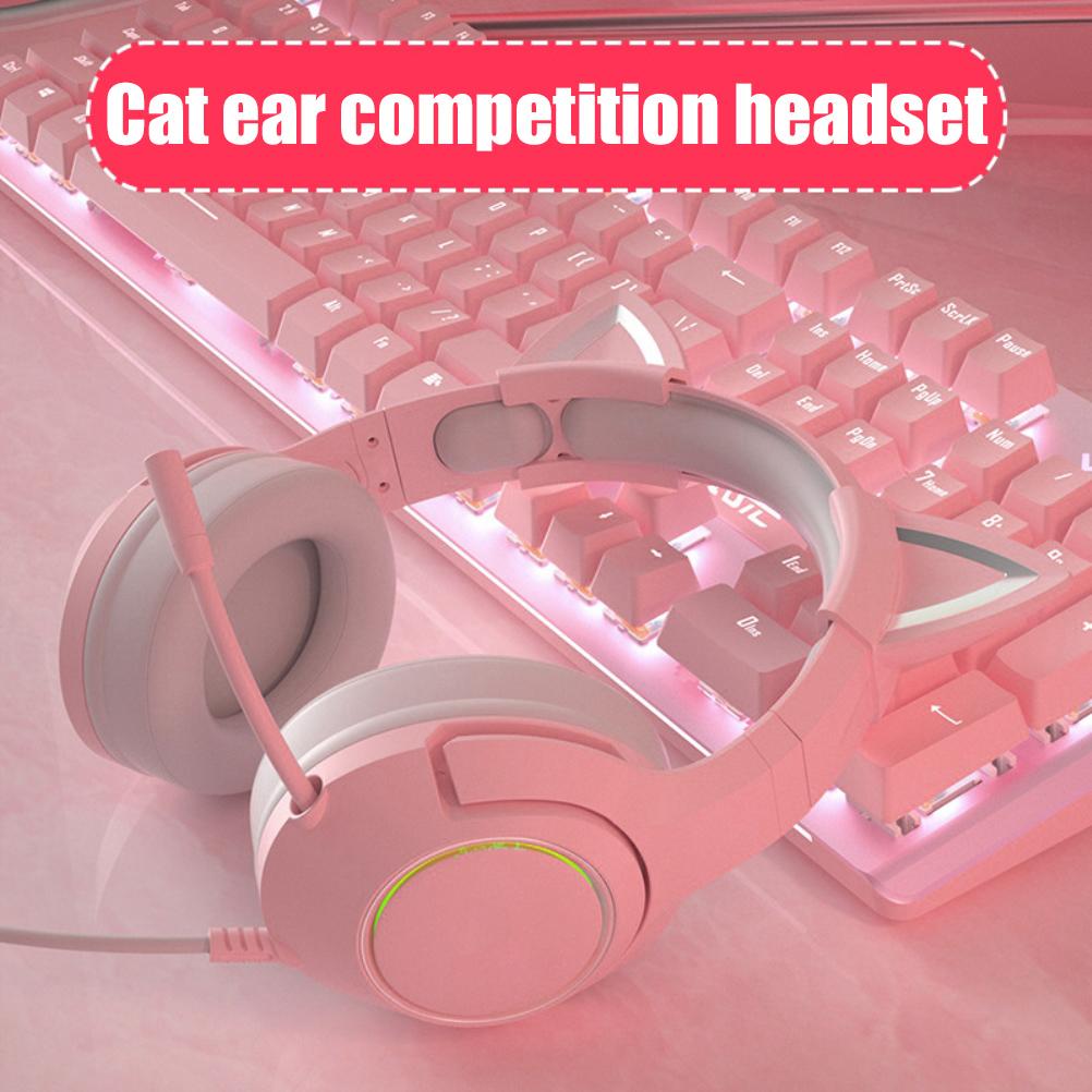 Süße Rosa Katzenohren Kopfhörer 3,5mm Kabelgebundenes Gaming Headset mit Mikrofon K9