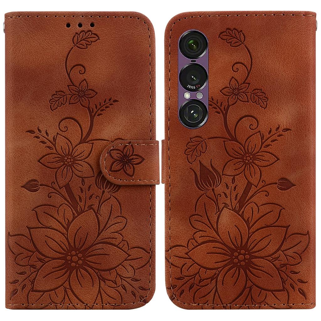 Für Sony Xperia 1 VII Ständerhülle Lilienblumen-Prägung Leder Handyhülle mit Handschlaufe